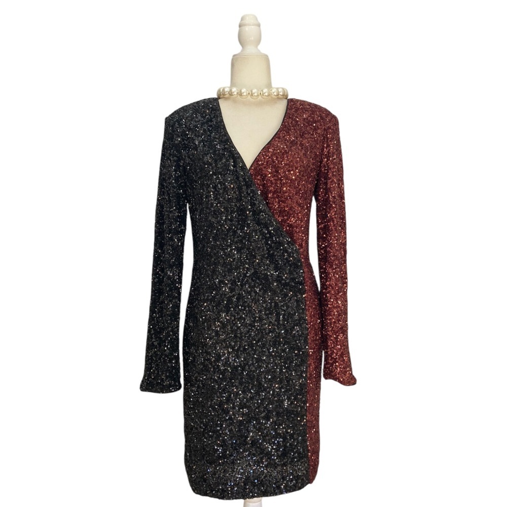 NWT Express Sequin Color Block Faux Wrap Mini Dre… - image 10